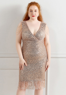 Plus Size Women Sequined Formal Party Midi Evening Dress