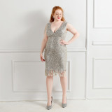 Plus Size Women Sequined Formal Party Midi Evening Dress