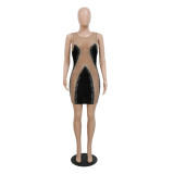 Women See-Through Sexy Round Neck Halter Beaded Bodycon Mini Dress