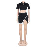 Women Sexy Turndown Collar Side Open Short Sleeve Top and Mini Skirt Two-Piece Set