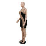 Women See-Through Sexy Round Neck Halter Beaded Bodycon Mini Dress