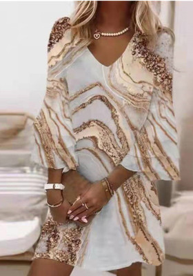 Fashion Print V Neck Ruffle Gold Marble Dress, Half-Sleeve Summer Dress