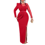 Summer Solid Round Neck Pleated Long Sleeve Plus Size Dress