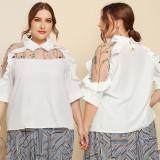 Spring Summer Plus Size Women's Chic Turndown Collar See-Through Embroidered Patchwork Ruffle Edge Half-Sleeve Shirt