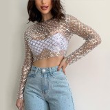 Women's Sexy Mesh Beaded Sequin Long Sleeve Top T-Shirt