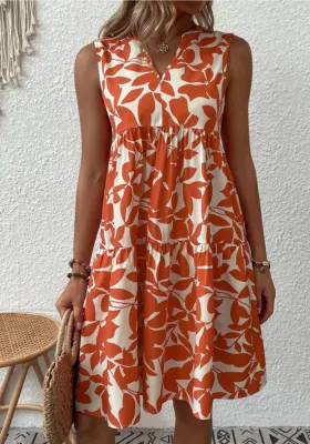 Women's Bohemian Fashion Loose V Neck Pleated Printed Dress for Women