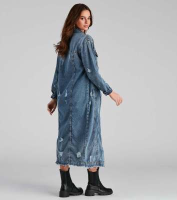 Ladies Fashion Ripped Long Sleeve Denim Trench Coat Cardigan Denim Coat