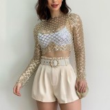 Women's Sexy Mesh Beaded Sequin Long Sleeve Top T-Shirt