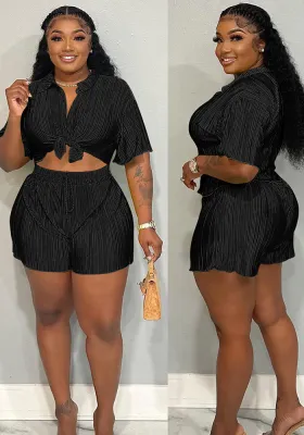 Women's Sexy Fashion Pleated Cloth Casual Shorts Short Sleeves Shirt Two-Piece Set