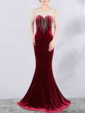 diamond chain velvet evening dress Formal Party long slim and elegant mermaid Prom Dress