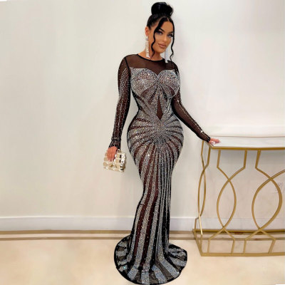 Sexy Rhinestone Beaded Long Sleeve Evening Dress