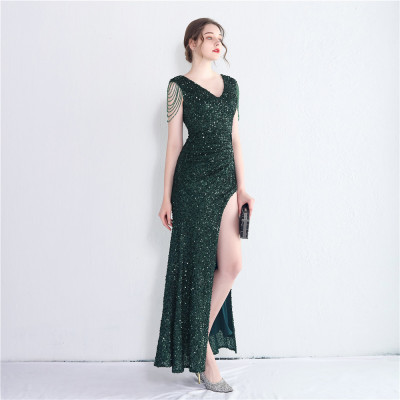 Sexy Slit V-neck long sequins Plus Size Beauty Formal Party Evening Dress