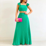 Women Solid Crop Top and High Waist Pleated Skirt Two-Piece Set