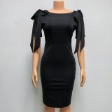 Summer African Women Bow Knot Short Sleeve Bodycon Dress