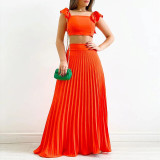 Women Solid Crop Top and High Waist Pleated Skirt Two-Piece Set