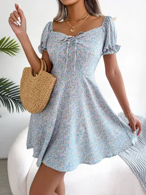 Women Casual Bell Bottom Sleeve Drawstring Floral Dress