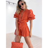 Women Solid Stand Collar Stacked Sleeve Shirt and High Waist Lace Shorts Two-Piece Set