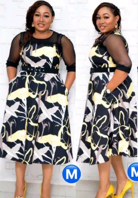 Women Africa Plus Size Round Neck 3/4 Sleeve Patchwork Print Dress