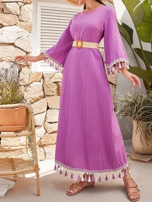 Women Elegant Ethnic Tassel Long Sleeve Loose French Holidays Dress