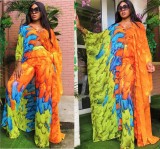 Africa Plus Size Women Printed Chiffon Loose Long Robe And Pant Two-Piece Set