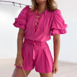 Women Solid Stand Collar Stacked Sleeve Shirt and High Waist Lace Shorts Two-Piece Set