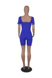 Women Solid Short Sleeve Square Neck Ribbed Romper