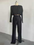 Women Spring Round Neck Long Sleeve Crop Shirt And Pleated High Waist Pants Two-Piece Set