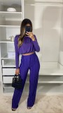 Women Spring Round Neck Long Sleeve Crop Shirt And Pleated High Waist Pants Two-Piece Set