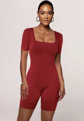 Women Solid Short Sleeve Square Neck Ribbed Romper