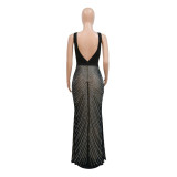 Patchwork Mesh Suspenders Low Back Sexy Dress Beaded Party Long Dress