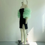 Summer Puff Sleeve Dress French Petite Strapless Slit Bodycon Dress