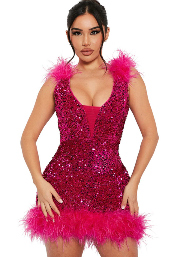 Sexy Sling Sequin Fashion Feather Party Dress