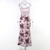 Sexy Halter Low Back Rose Print Maxi Holidays Slim Lace-Up Dress