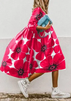 Women's Spring Casual Round Neck Loose Waist Printed Long Sleeve Dress