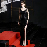 Crystal Diamond Chain Sexy Slim Evening Dress Annual Meeting Host Party Club Evening Dress