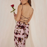 Sexy Halter Low Back Rose Print Maxi Holidays Slim Lace-Up Dress