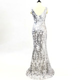 Mesh Embroidered Sequins Long Slim Mermaid Dress Women Formal Fashion Party Dress