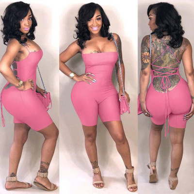 Ladies Sexy Clothing Straps Low Back Lace-Up Tight Fitting Nightclub Jumpsuit
