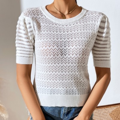 Spring And Summer Pullover Knitting Shirt Women'S Short-Sleeved Solid Color Women'S Knitting Short Sleeve Top