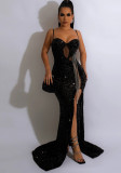 Women'S Sexy Straps Sleeveless Sequined Slit Long Evening Dress