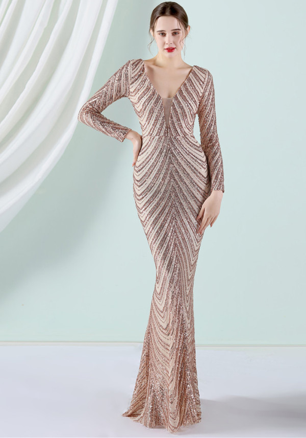 Sequin Evening Dress Women Formal Party Elegant Long-Sleeved Sequined Mermaid Evening Dress