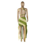 Women'S Spring Summer Contrast Color Asymmetric Slash Shoulder Lace-Up Backless Top Tassels Skirt Fashion Two-Piece Set