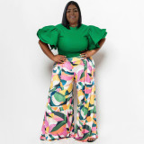 Spring Ladies Round Neck Ruffled Short Sleeve Top Printed Wide Leg Pants Two Piece Set