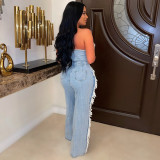 Women Spring V-Neck Backless Tassel Denim Jumpsuit