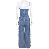 Women Spring V-Neck Backless Tassel Denim Jumpsuit