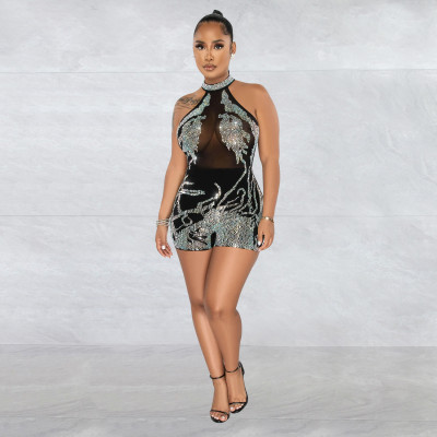 Women mesh See-Through Beaded Sleeveless Romper