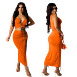 Women Summer Sexy Lace-Up Sleeveless Solid Crop Top and Slit Dress Two-Piece Set