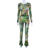 Women Mesh Print Top and Pant Two-Piece Set