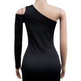 Women Solid Slash Shoulder Mesh Single Long Sleeve Maxi Dress