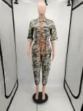 Women Short Sleeve Camouflage Woven Jumpsuit
